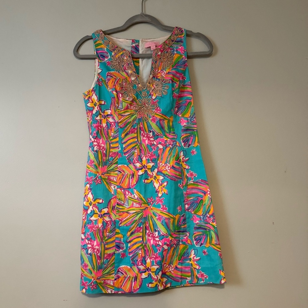 Lilly Pulitzer Gabby Gold Embroidered Floral Sea Blue Summer Haze Shift Dress